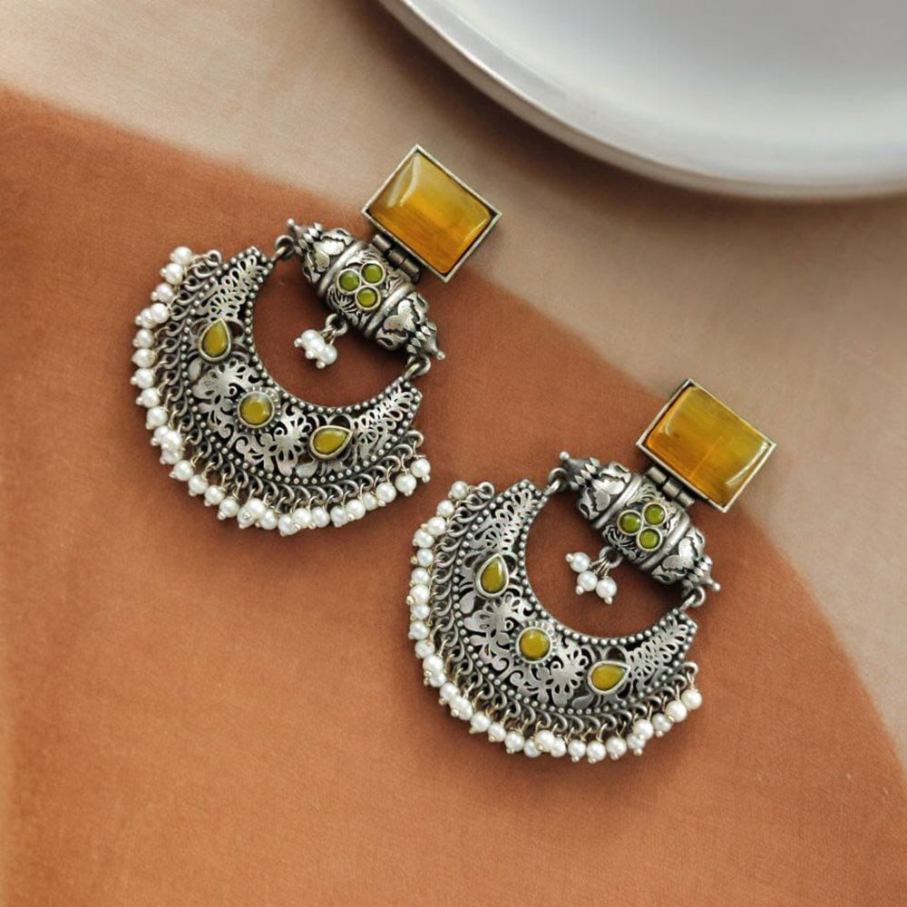 Maharani Jewels Oxidised Plated Pota Stone And  Pearl Dangler Earrings