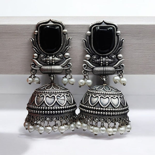 Maharani Jewels Oxidised Plated Pota Stone And Pearl Jhumki Earrings