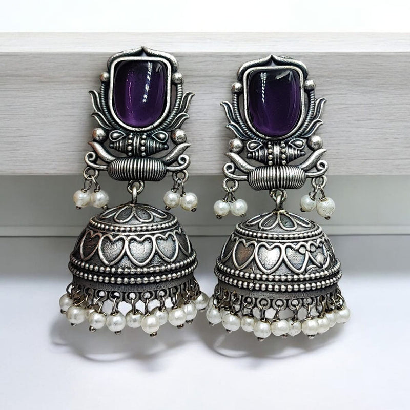 Maharani Jewels Oxidised Plated Pota Stone And Pearl Jhumki Earrings