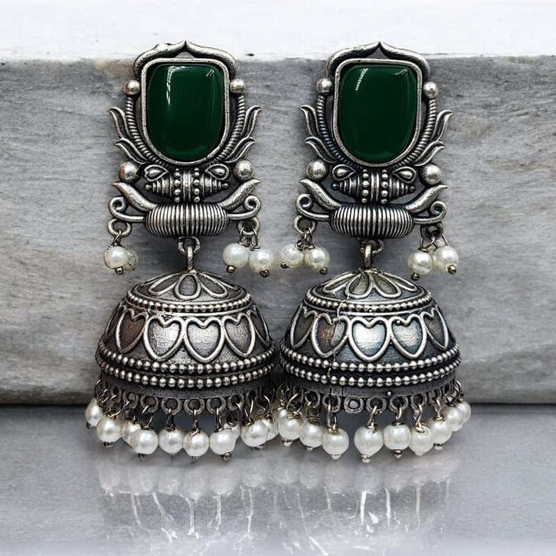 Maharani Jewels Oxidised Plated Pota Stone And Pearl Jhumki Earrings