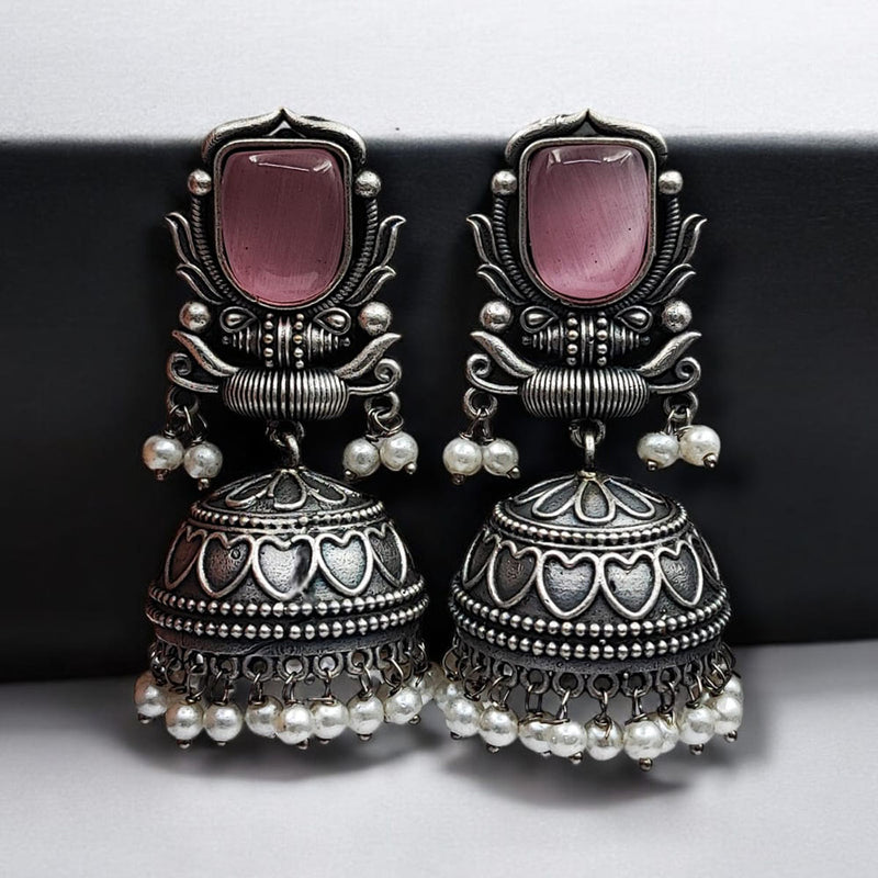 Maharani Jewels Oxidised Plated Pota Stone And Pearl Jhumki Earrings