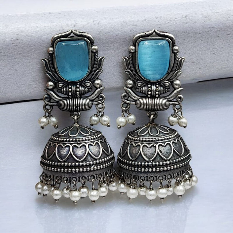 Maharani Jewels Oxidised Plated Pota Stone And Pearl Jhumki Earrings