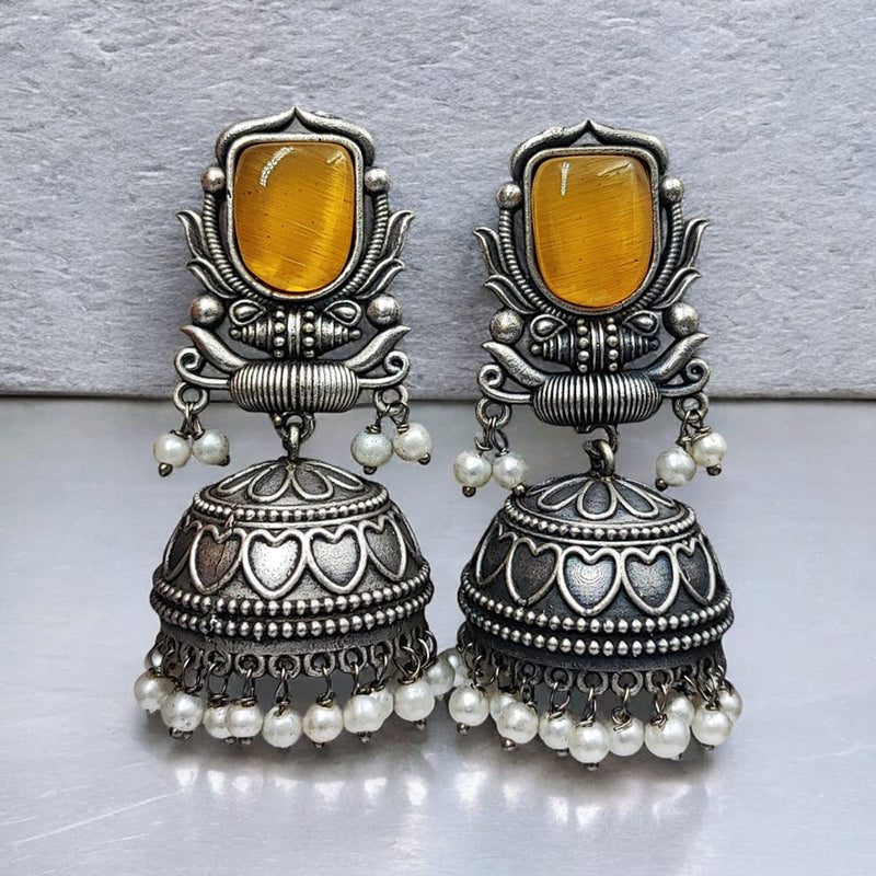 Maharani Jewels Oxidised Plated Pota Stone And Pearl Jhumki Earrings