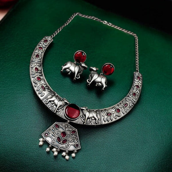 Maharani Jewels Oxidised Plated Pota Stone Necklace Set