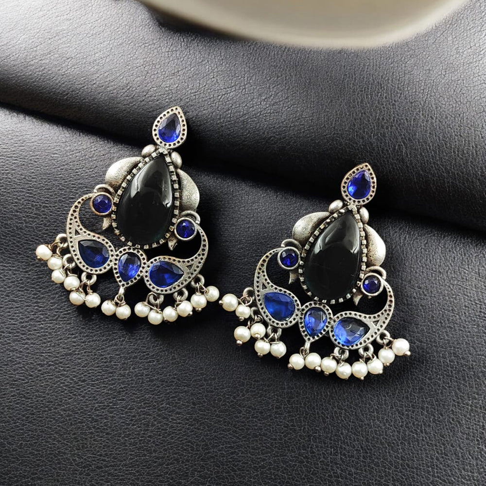 Maharani Jewels Oxidised Plated Pota Stone And Pearls Dangler Earrings