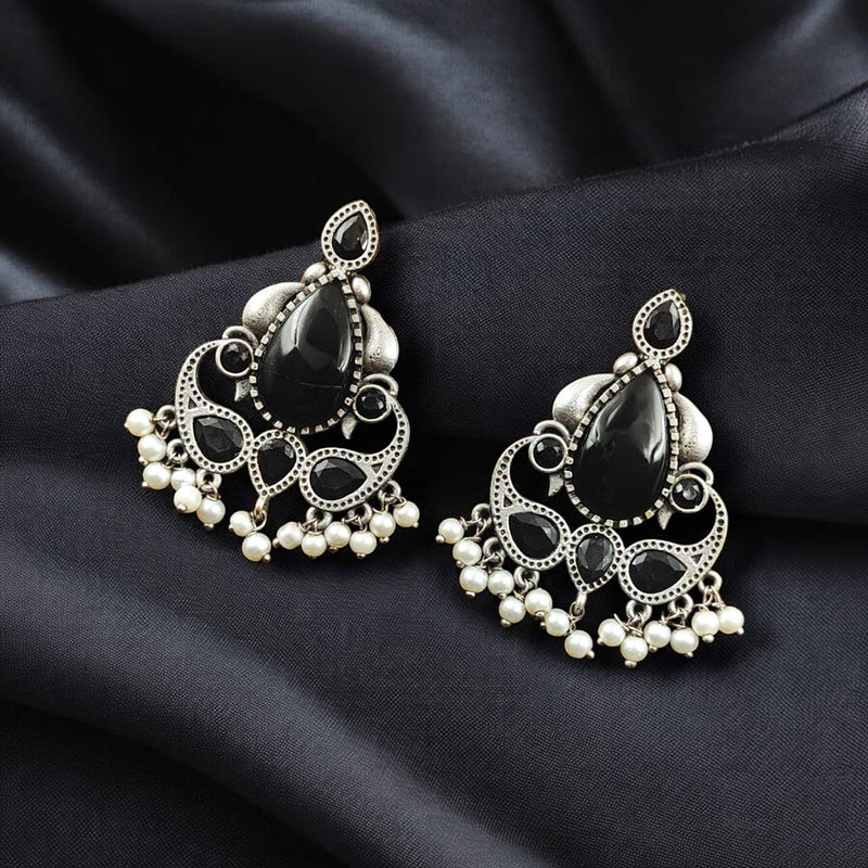 Maharani Jewels Oxidised Plated Pota Stone And Pearls Dangler Earrings