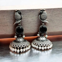 Maharani Jewels Oxidised Plated Pota Stone And Pearl Jhumki Earrings