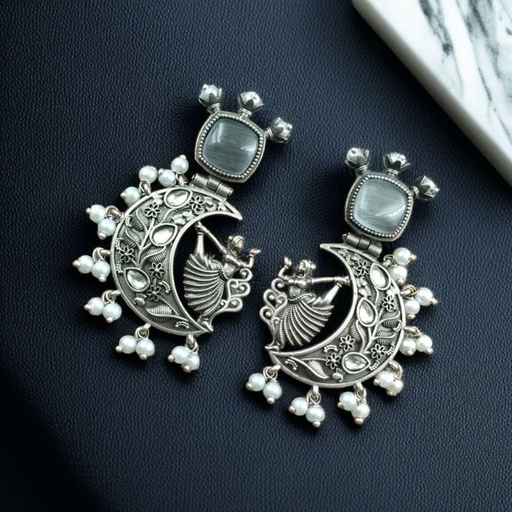 Maharani Jewels Oxidised Plated Pota Stone And Pearls Dangler Earrings