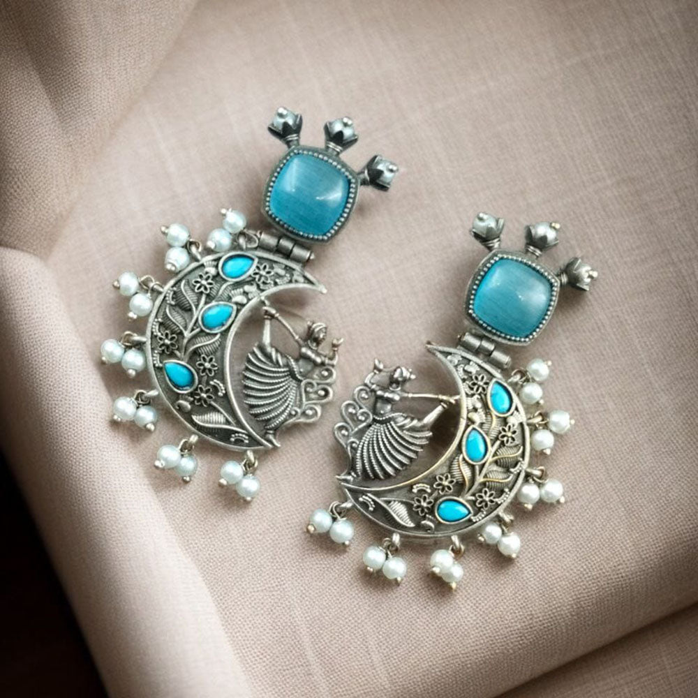 Maharani Jewels Oxidised Plated Pota Stone And Pearls Dangler Earrings