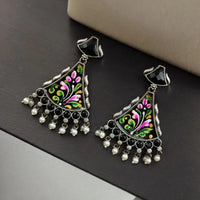 Maharani Jewels Oxidised Plated Pota Stone And Pearls Meenakari Dangler Earrings