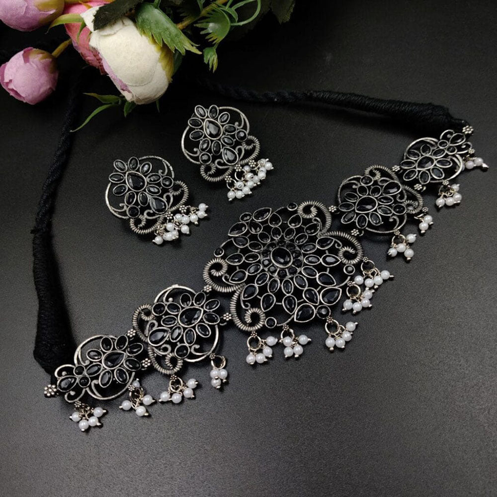 Maharani Jewels Oxidised Plated Pota Stone And Pearls Choker Necklace Set