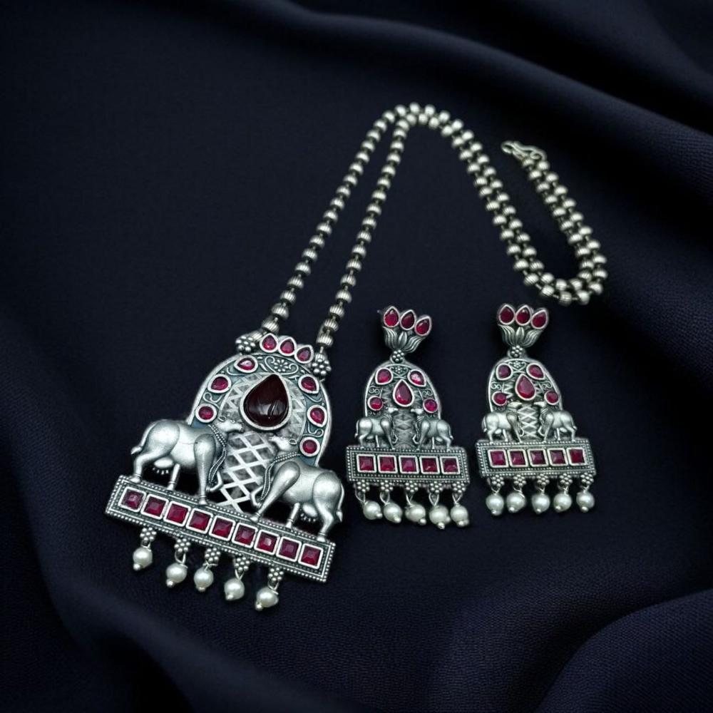 Maharani Jewels Oxidised Plated Pota Stone Necklace Set