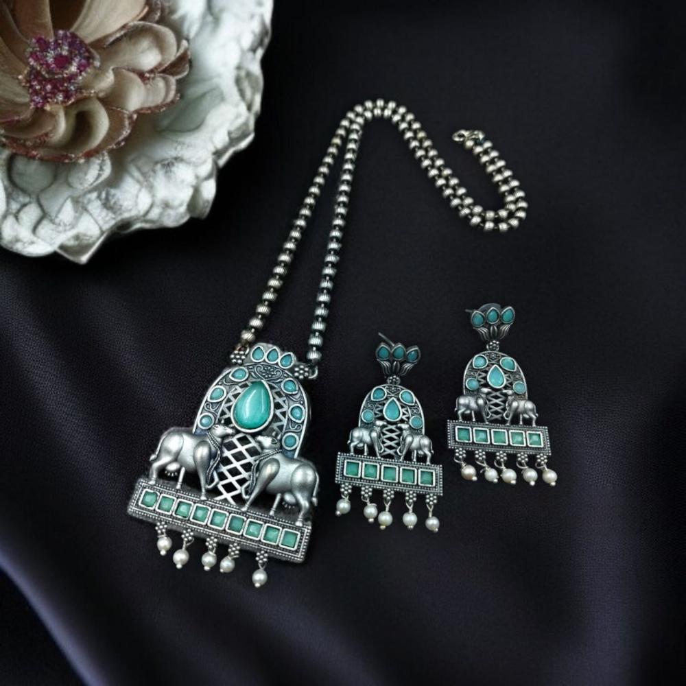Maharani Jewels Oxidised Plated Pota Stone Necklace Set