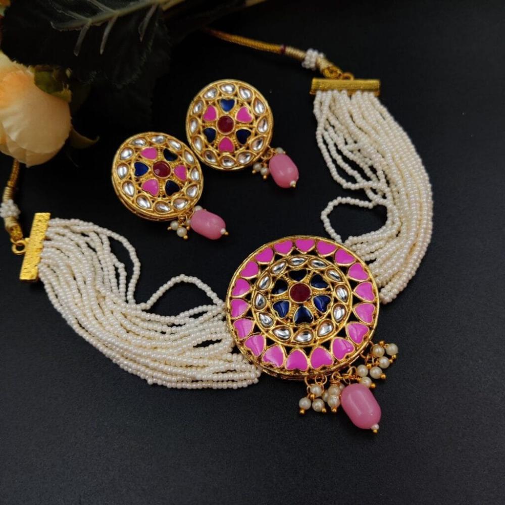Maharani Jewels Gold Plated Kundan Stone And Pearl Meenakari Choker Necklace Set