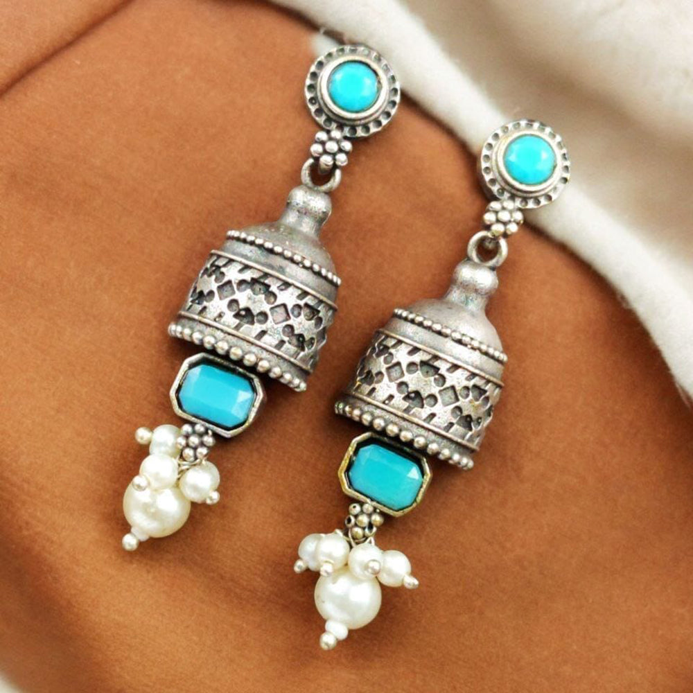 Maharani Jewels Oxidised Plated Pota Stone And Pearl Dangler Earrings