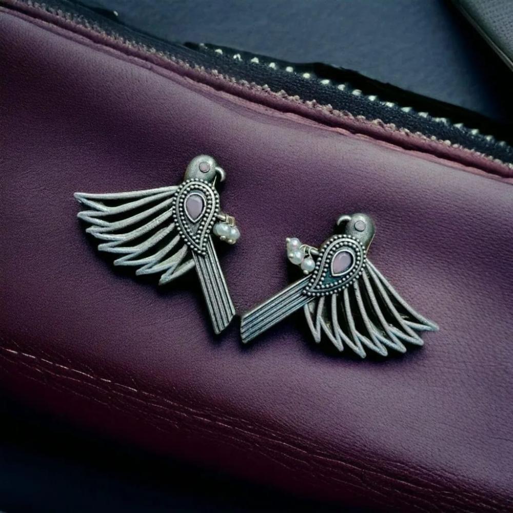 Maharani Jewels Inspired Oxidised Plated Pota & Pearl Detailing Bird Dangler Earrings