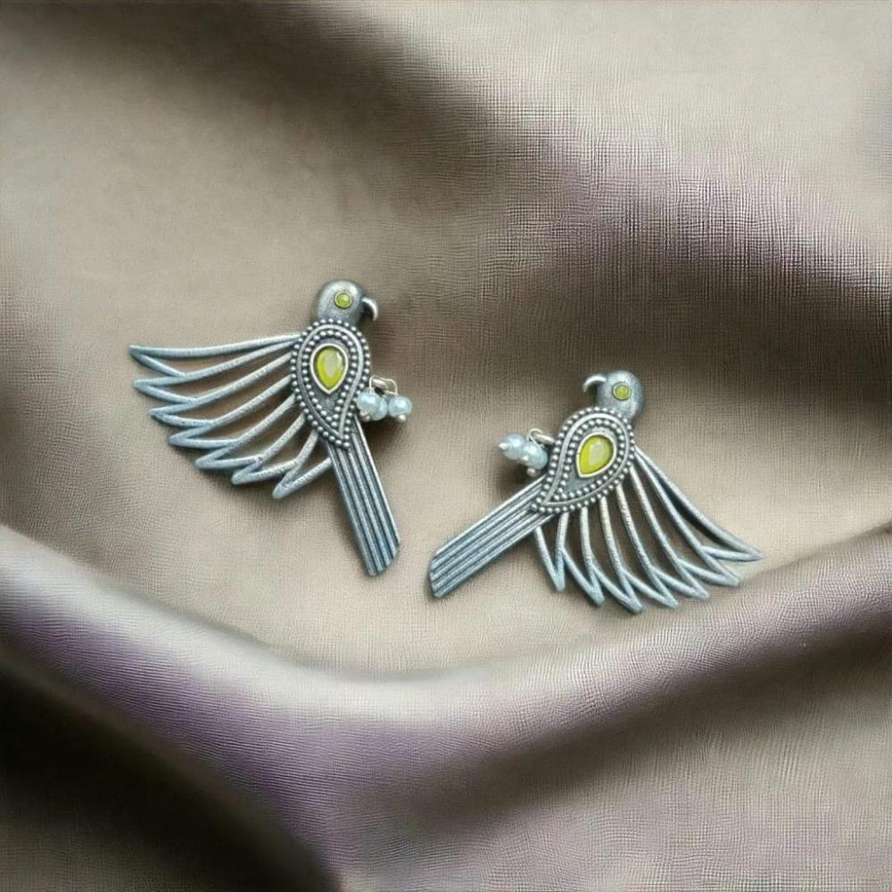 Maharani Jewels Inspired Oxidised Plated Pota & Pearl Detailing Bird Dangler Earrings