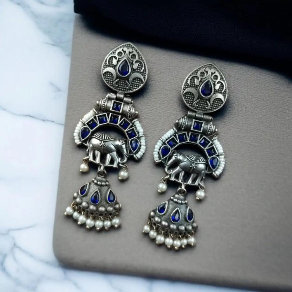 Maharani Jewels Inspired Oxidised Plated Pota & Pearl Detailing Jhumki Earrings