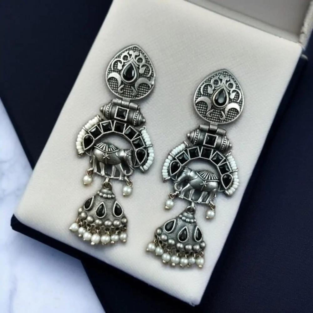 Maharani Jewels Inspired Oxidised Plated Pota & Pearl Detailing Jhumki Earrings