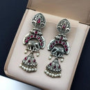 Maharani Jewels Inspired Oxidised Plated Pota & Pearl Detailing Jhumki Earrings