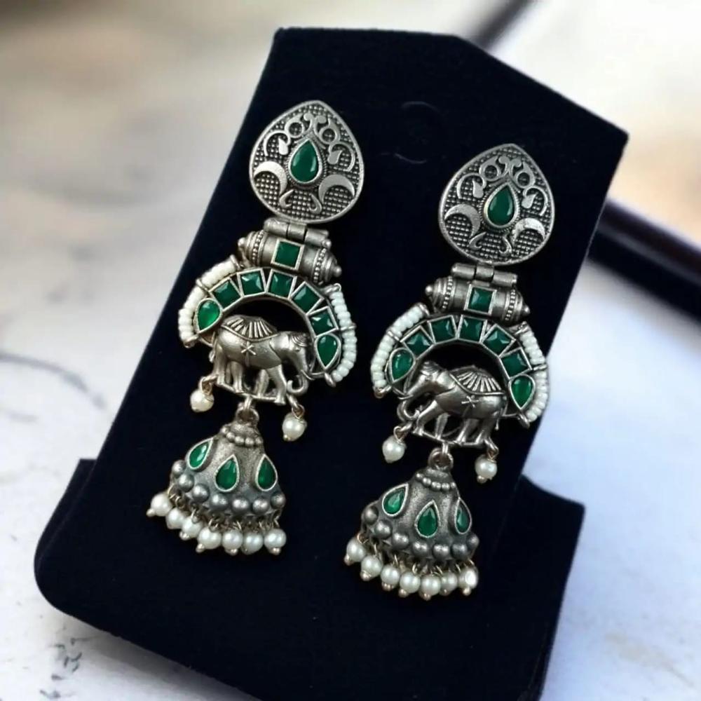 Maharani Jewels Inspired Oxidised Plated Pota & Pearl Detailing Jhumki Earrings