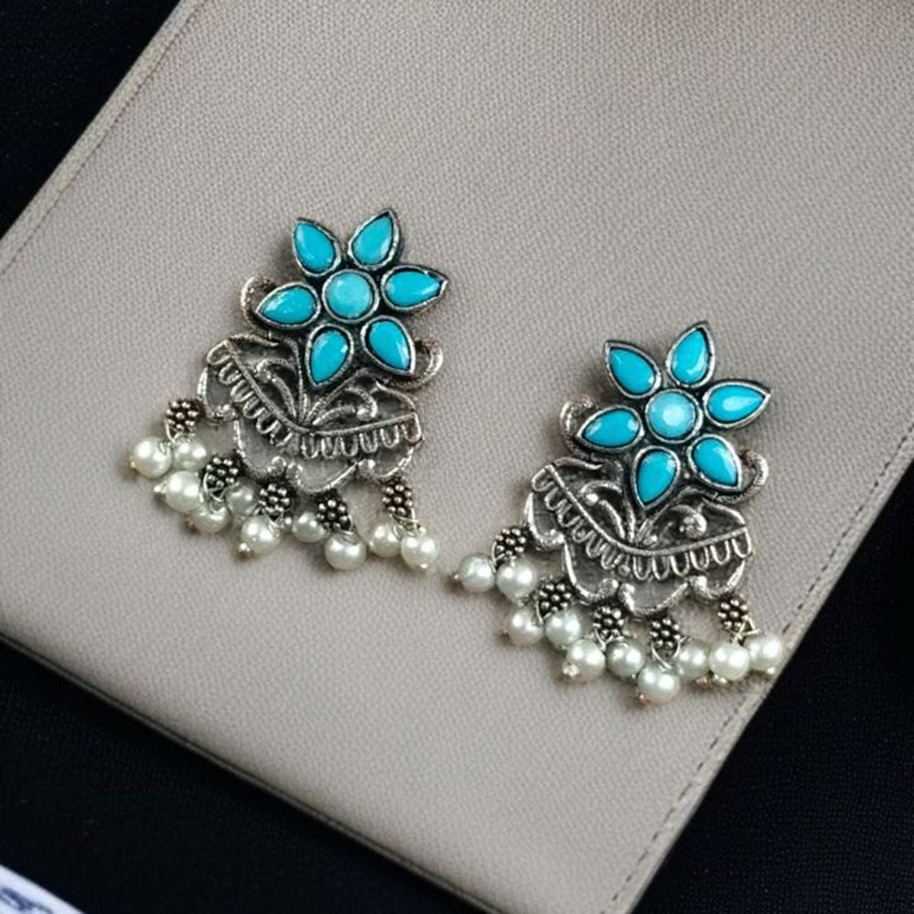 Maharani Jewels Oxidised Plated Pota Stone And Pearl Dangler Earrings