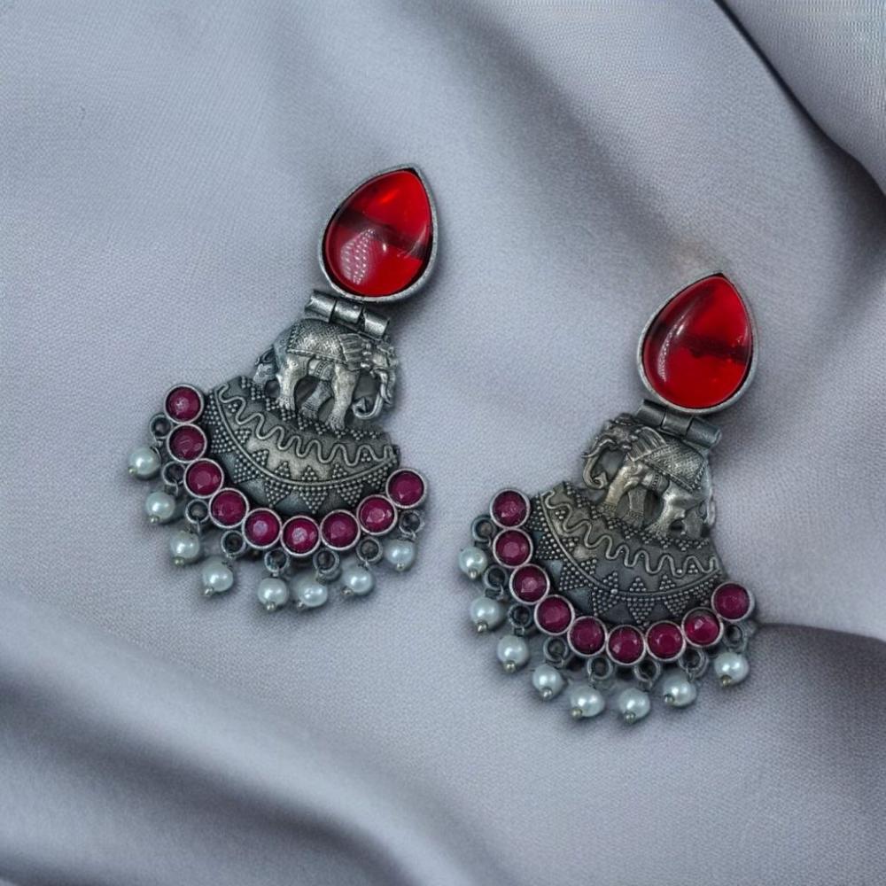 Maharani Jewels Oxidised Plated with Radiant Pota Stones and Elegant Pearls Dangler Earrings