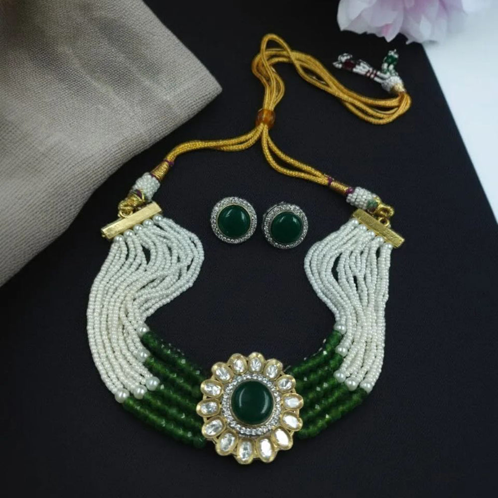 Maharani Jewels Gold Plated Polki Kundan And Beads And Pearl Choker Necklace Set