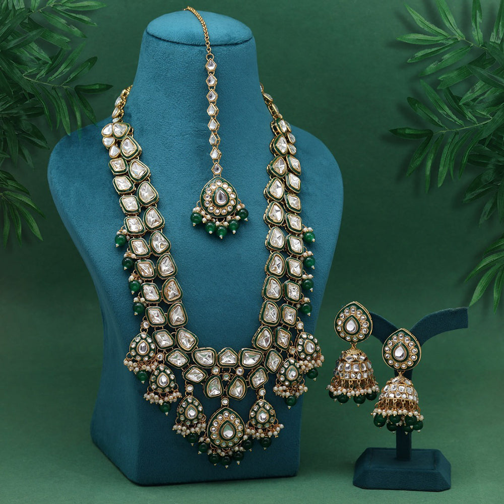 Maharani Jewels Gold Plated Kundan Stone And Beads Meenakari Long Necklace Set
