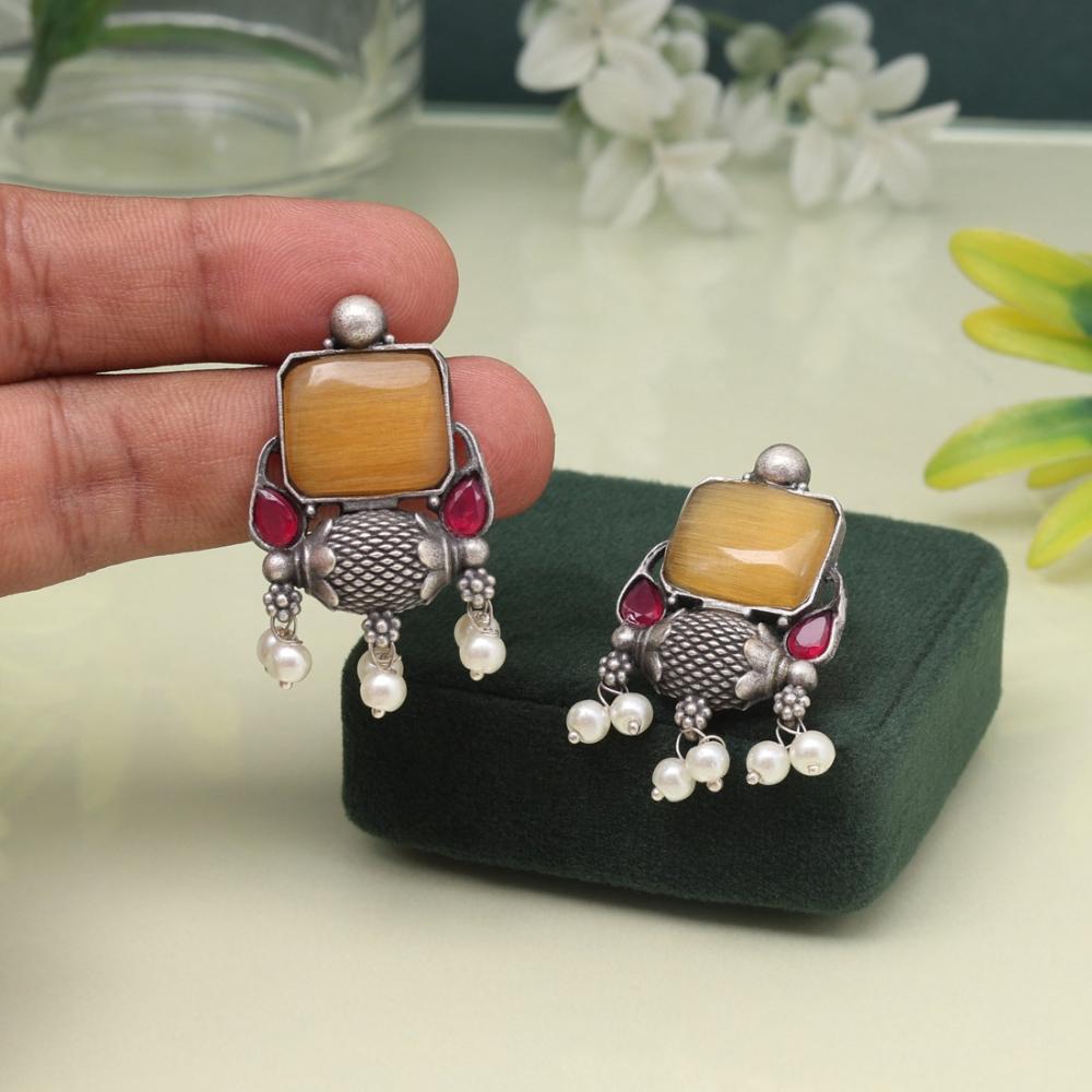 Maharani Jewels Oxidized Plated Pota Stone And Pearl Dangler Earrings (Assorted Color)