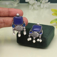 Maharani Jewels Oxidized Plated Pota Stone And Pearl Dangler Earrings (Assorted Color)