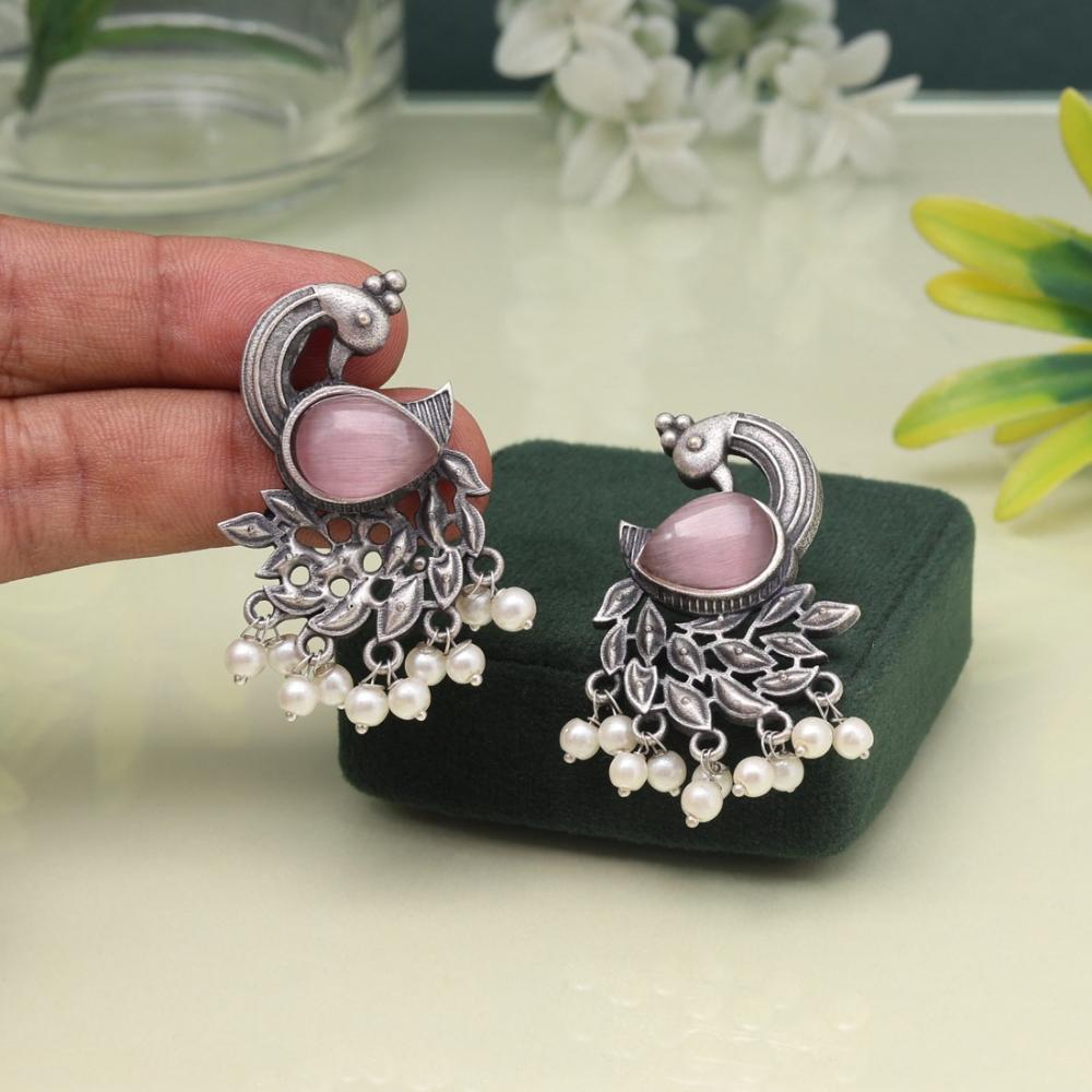 Maharani Jewels Oxidized Plated Pota Stone And Pearl Dangler Earrings (Assorted Color)