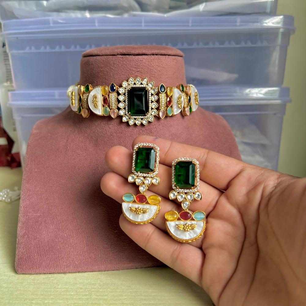 Maharani Jewels Gold Plated Crystal And Pota Stone Choker Neckalce Set