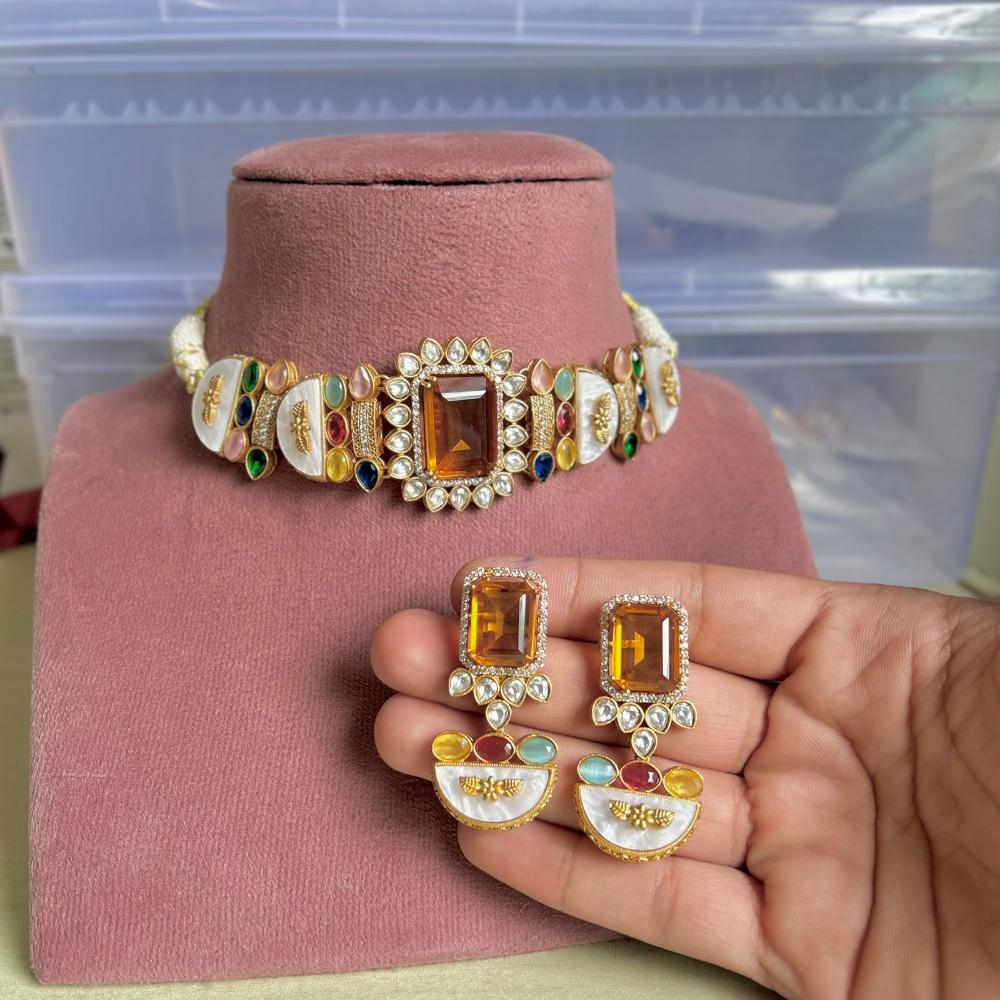 Maharani Jewels Gold Plated Crystal And Pota Stone Choker Neckalce Set