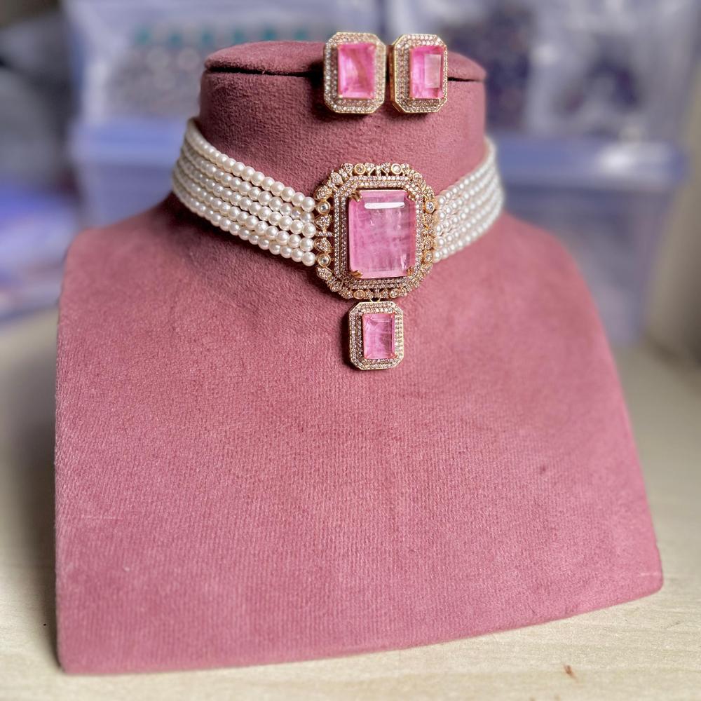 Maharani Jewels Pearl And Crystal Stone Choker Necklace Set
