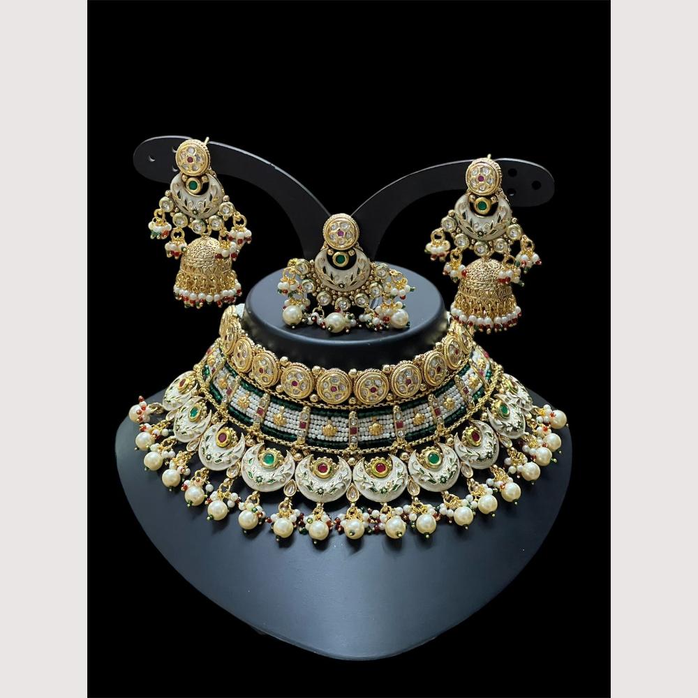 Maharani Jewels Pota Stone And Pearls Meenakari Choker Necklace Set