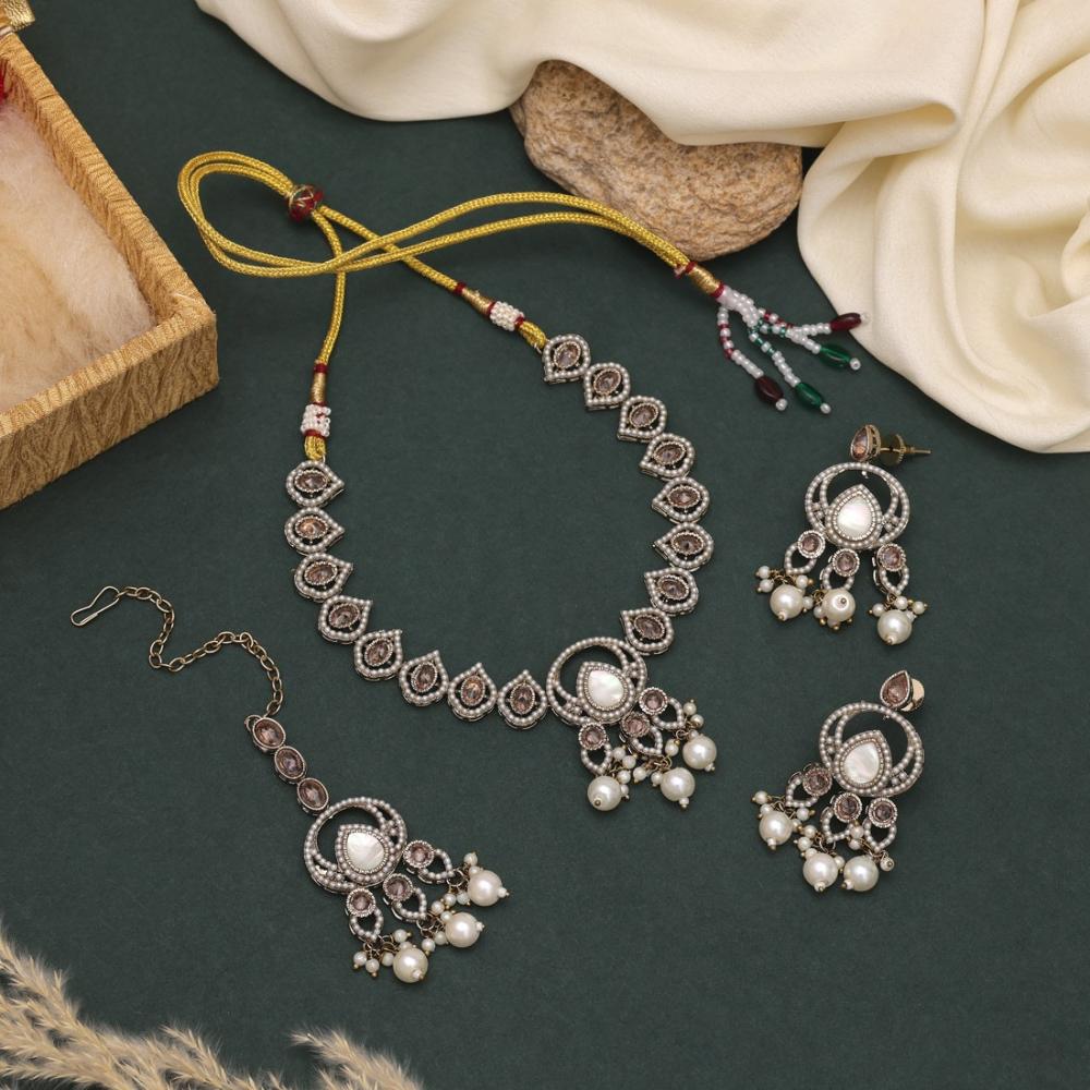 Maharani Jewels Pota Stone and Crystals With Pearl Drops Necklace Set