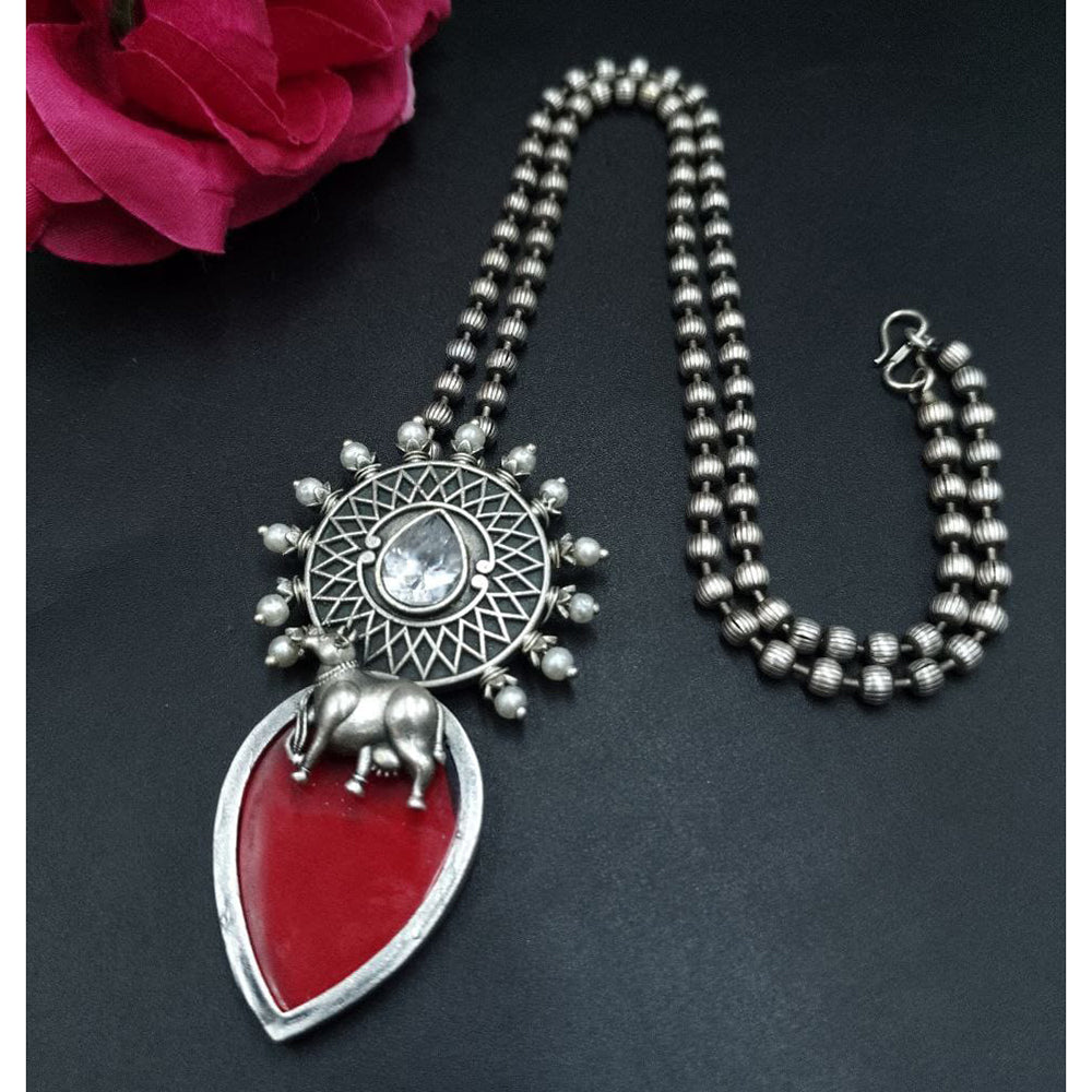 Maharani Jewels Designer Oxidised Plated Pota Stone And Pearl Long Necklace