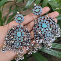 Maharani Jewels Oxidised Plated Pota Stone And Pearl Jhumki Earrings