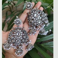 Maharani Jewels Oxidised Plated Pota Stone And Pearl Jhumki Earrings