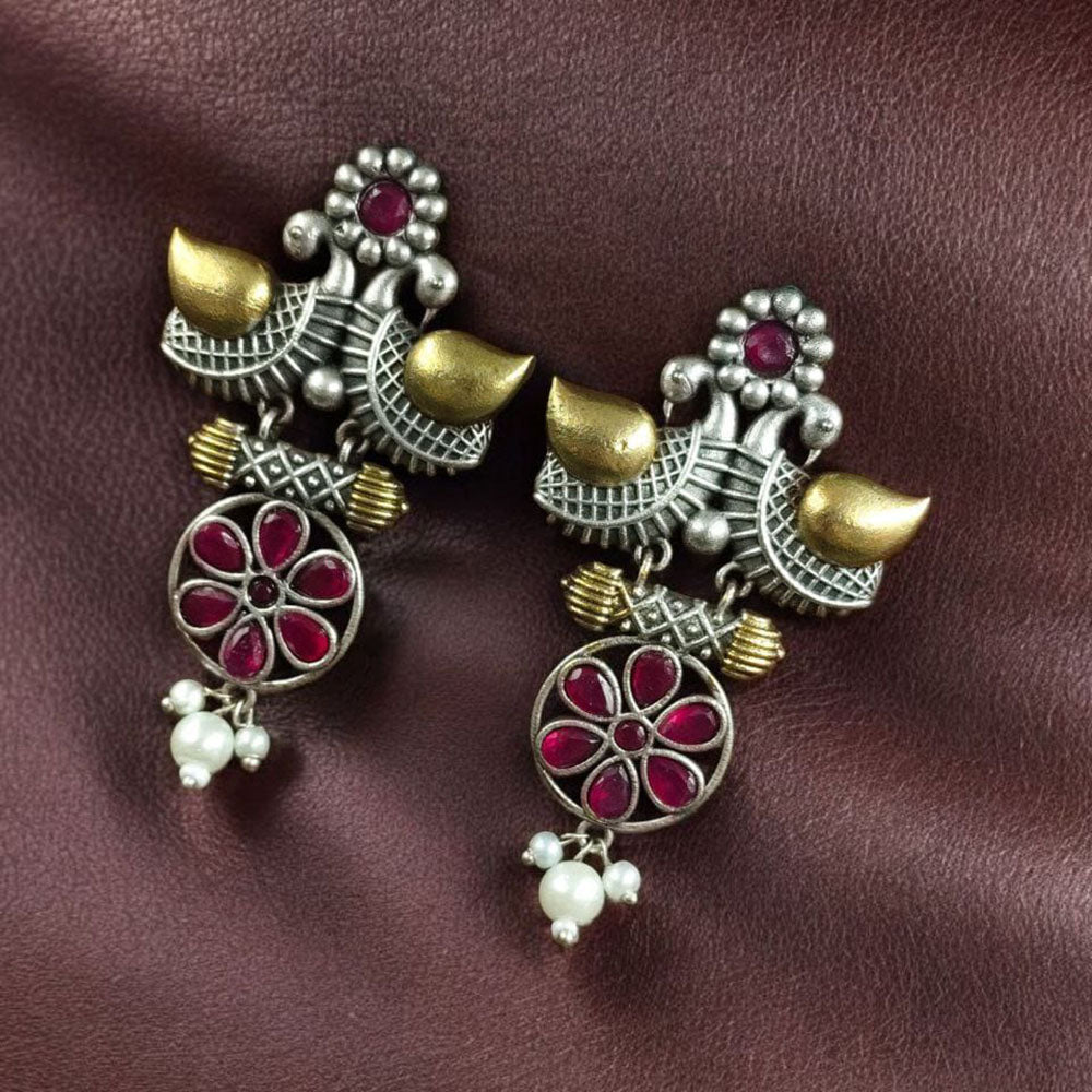 Maharani Jewels Regal Finish 2-Tone Plated Pota Stone And Pearl Dangler Earrings