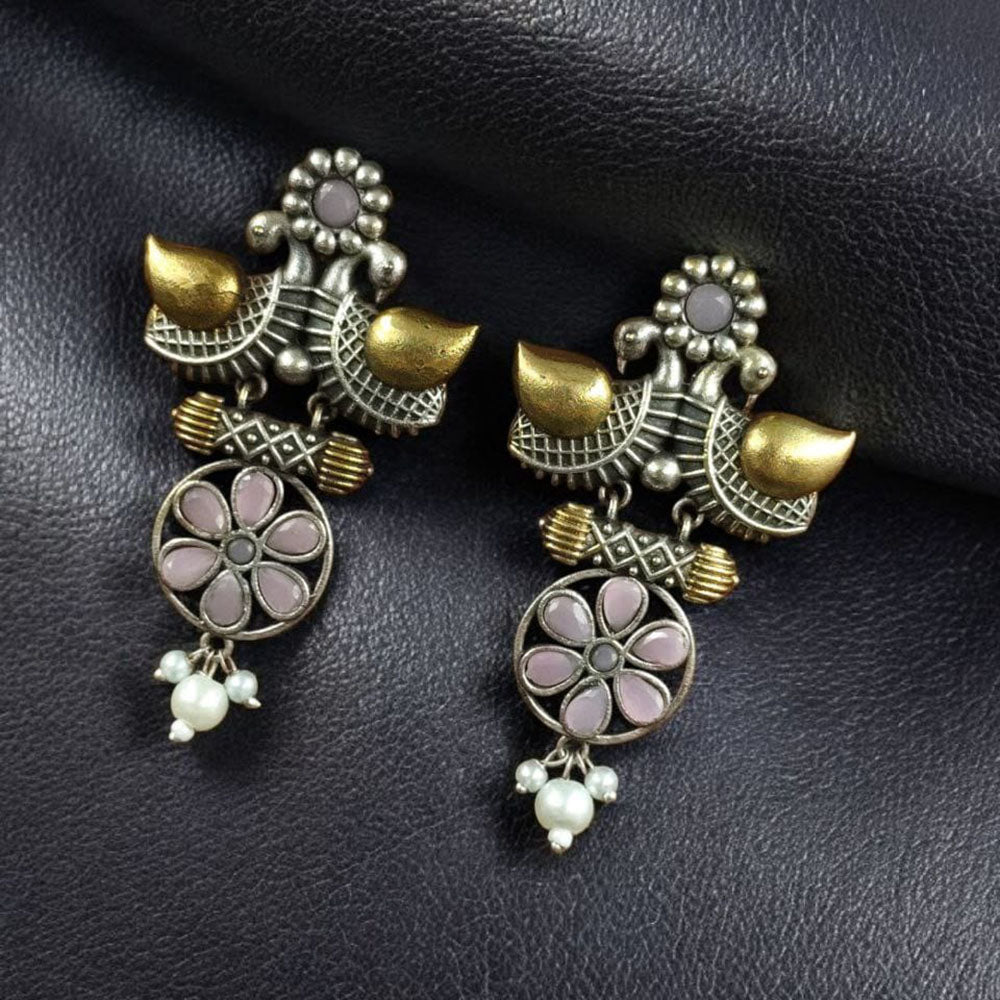 Maharani Jewels Regal Finish 2-Tone Plated Pota Stone And Pearl Dangler Earrings