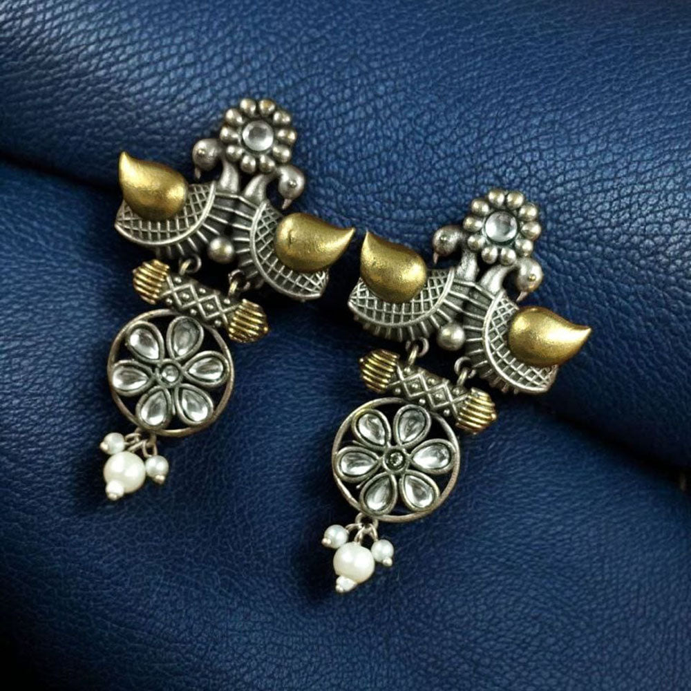 Maharani Jewels Regal Finish 2-Tone Plated Pota Stone And Pearl Dangler Earrings