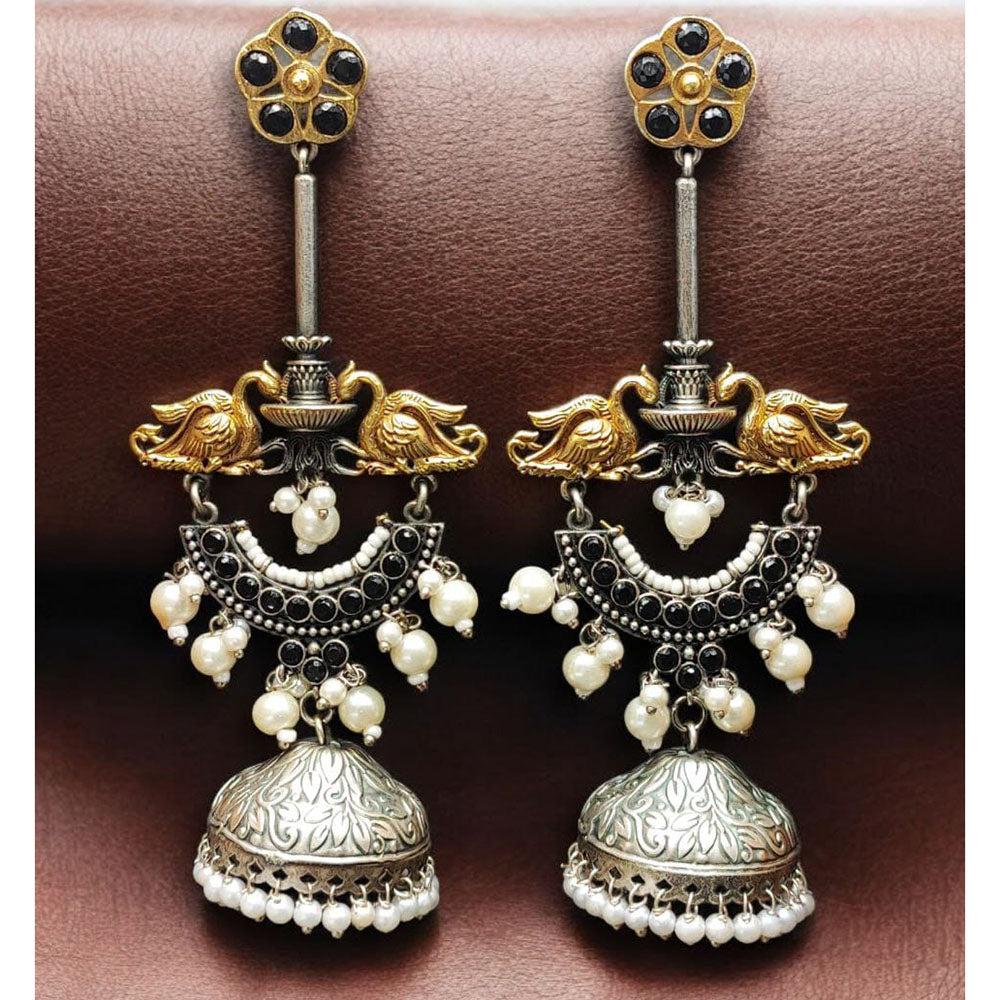 Maharani Jewels Regal Finish 2-Tone Plated Pota Stone And Pearl Jhumki Earrings