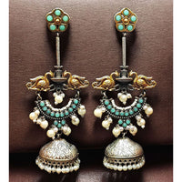 Maharani Jewels Regal Finish 2-Tone Plated Pota Stone And Pearl Jhumki Earrings