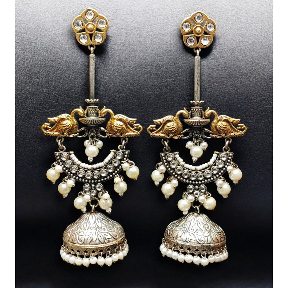 Maharani Jewels Regal Finish 2-Tone Plated Pota Stone And Pearl Jhumki Earrings