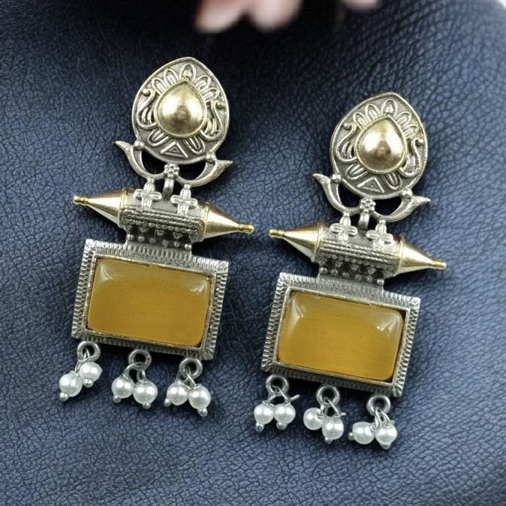 Maharani Jewels Regal Finish 2-Tone Plated Pota Stone And Pearl Dangler Earrings
