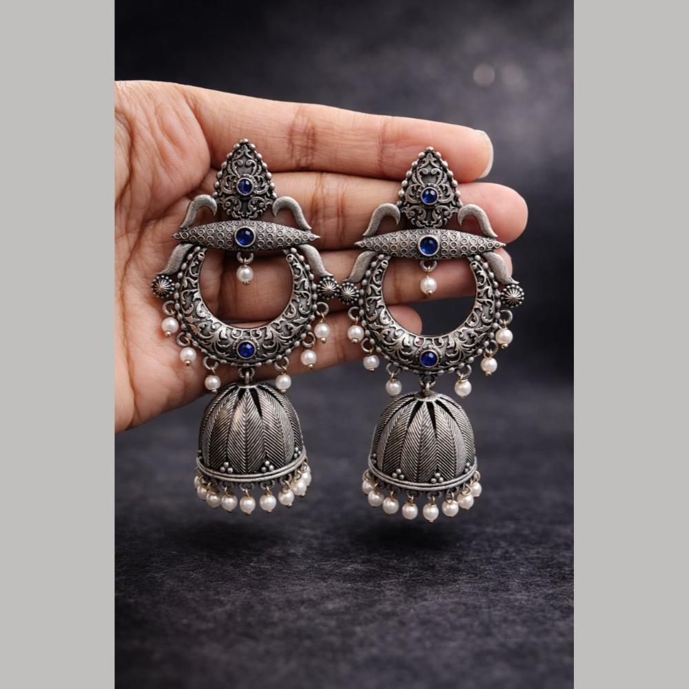 Maharani Jewels Heritage Oxidised Plated Pota Stone Pearl Jhumki Earrings