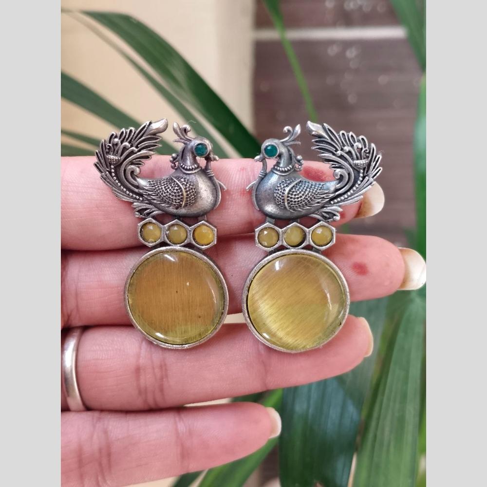 Maharani Jewels Inspired Oxidised Plated Pota And Pearl Detailing Bird Dangler Earrings