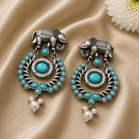 Maharani Jewels Inspired Oxidised Plated Pota Stone Dangler Earrings